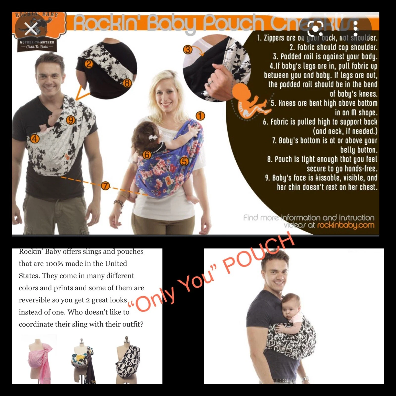 ROCKIN' BABY POUCH - 4 HOLDS "Only You" Black & White Infant Wrap Carrier ~ NEW
