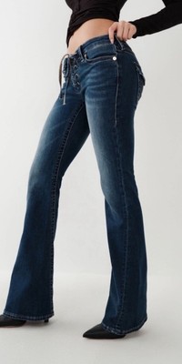True Religion Joey Flare Jeans Women s 28 Lace-Up Front Low Rise Dark Denim