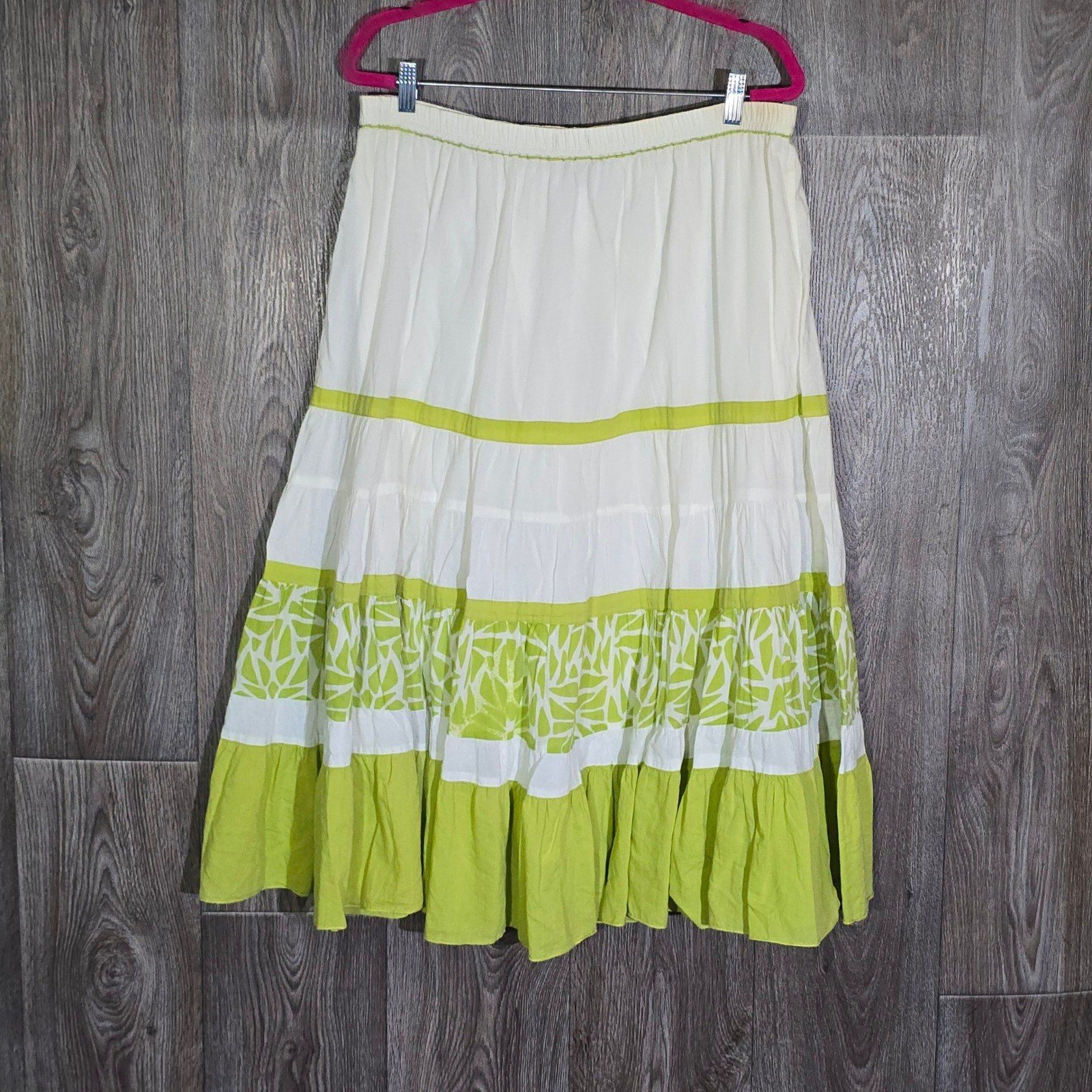 Kaktus Tiered Maxi Skirt 1X White Green Boho Cotton Gauze Elastic Waist