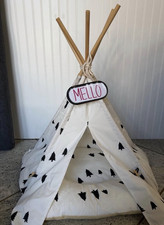Small Teepee DOG BED Tent Tree Print White with Wooden Poles