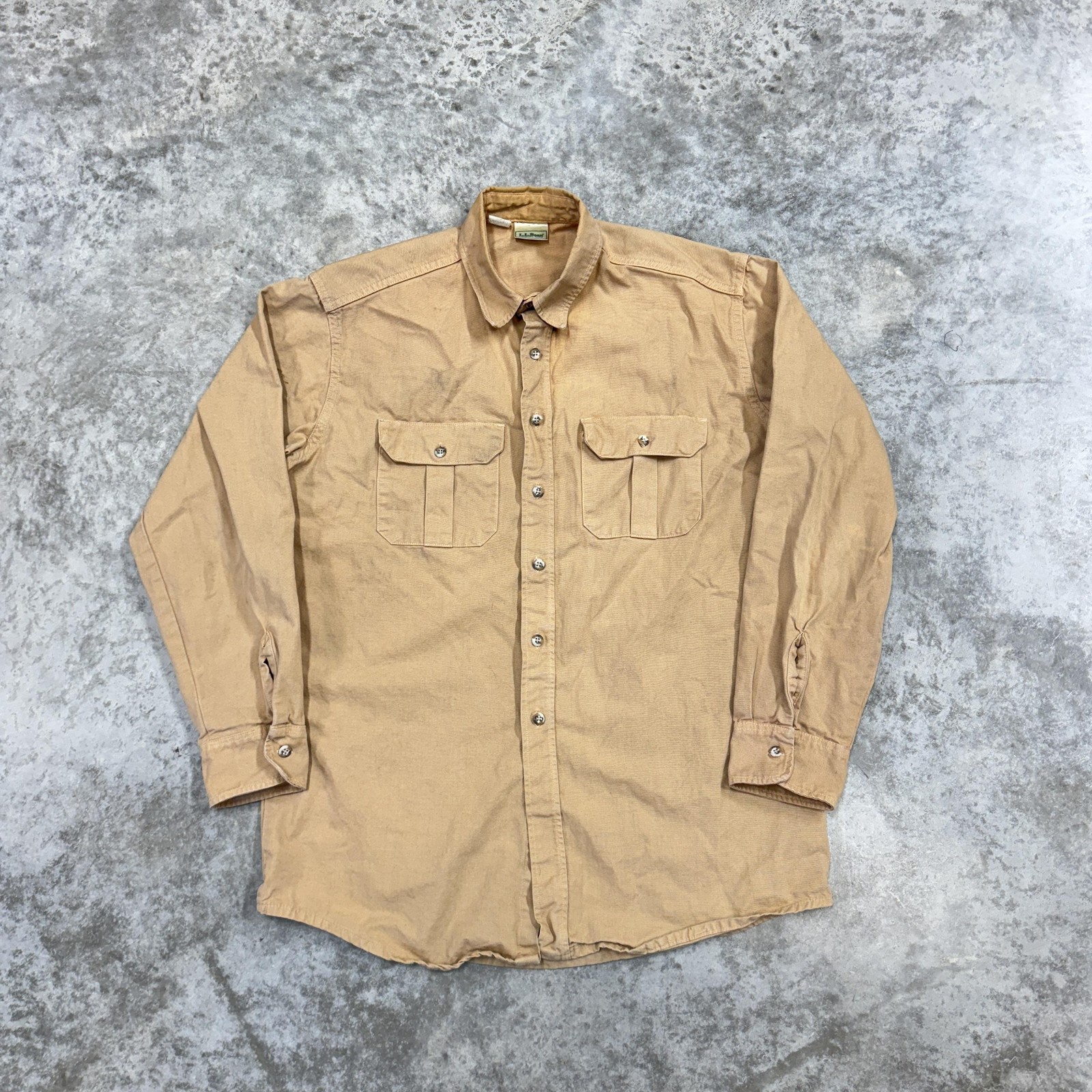Vintage LL Bean Shirt Mens Large Tan Canvas Workwear Utility Button Front 80s
