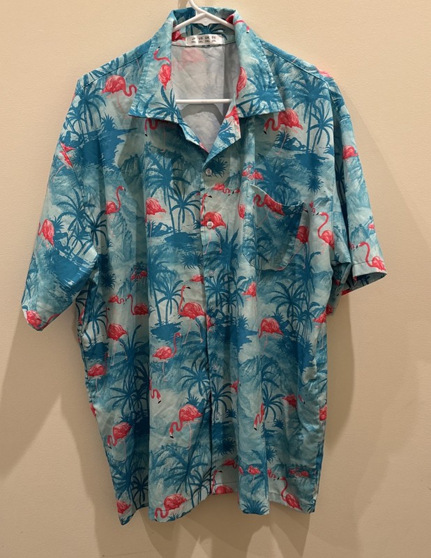 Men's 2XL Flamingo Print Blue Short Sleeve Button Down Shirt