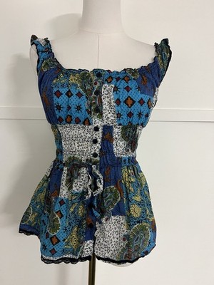 Patchwork Smocked Peasant Tank Top by Fire LA Size M Bohemian Hippie Festival
