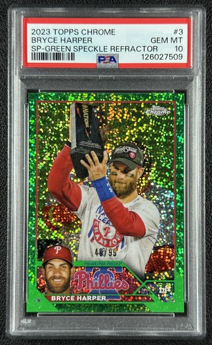 BRYCE HARPER PSA 10 2023 TOPPS CHROME #3 IMAGE VAR GREEN SPECKLE REFRACTOR 49/99