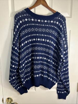 Sears Roebuck Vintage Men's Fair Isle Ski Lodge Sweater Blue White Size Large