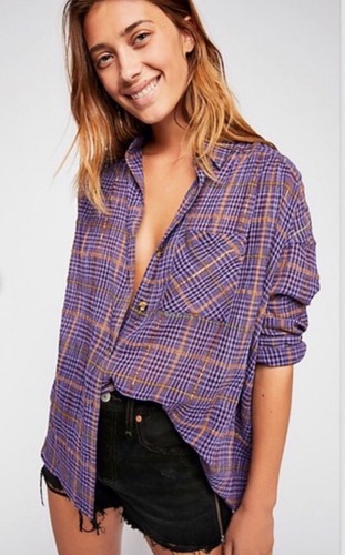FREE PEOPLE Break My Stride Button Down Shirt Purple Metallic Plaid Oversized S