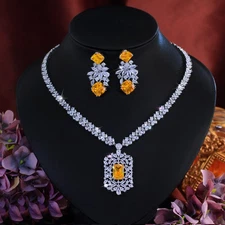 Yellow Cubic Zirconia CZ Square Leaf Earrings Wedding Necklace Fine Jewelry Set 