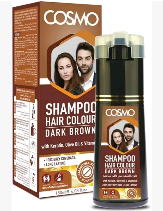 1X 180ml COSMO DARK BROWN HAIR COLOR SHAMPOO WITH Keratin Olive Oil vitamin E