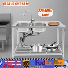 Double Bowl Kitchen Sink Stainless Steel Sink+Pull-out Faucet 120*50*80cm