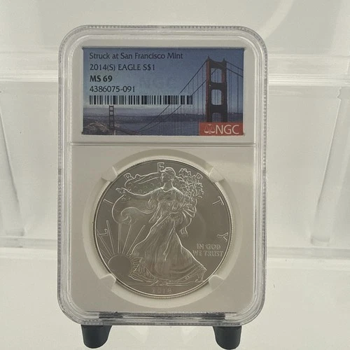 2014 S American Silver Eagle NGC MS69 Silver Dollar Golden Gate Holder