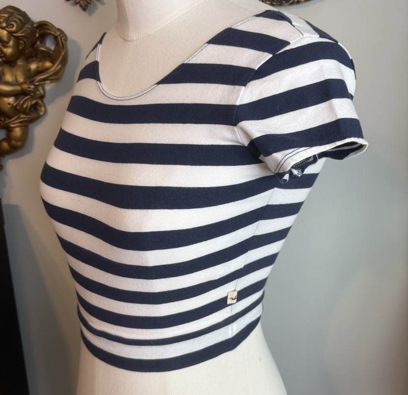 Hollister Navy White Striped Open Back Bow Scoop Neck Cotton Knit Crop Top XS