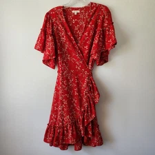 Max Studio Dress Women M Red Floral Ruffle Wrap Midi Romantic Boho Cottagecore