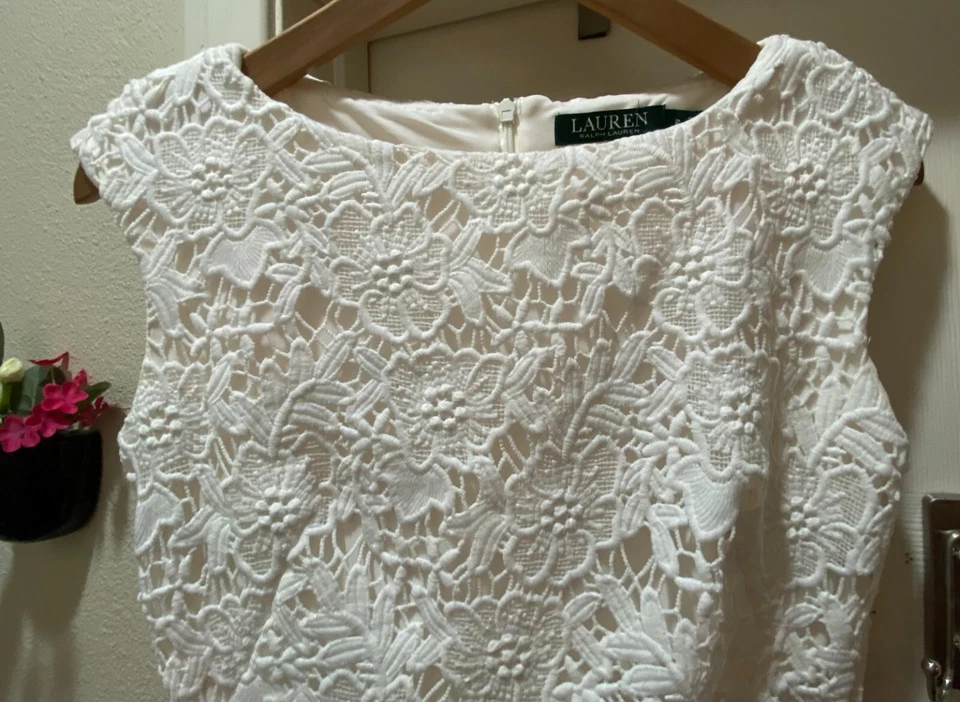 LAUREN RALPH LAUREN Classy White Lacy Pencil Midi Dress Size 2 EUC LOWSHIP - Image 3 of 4