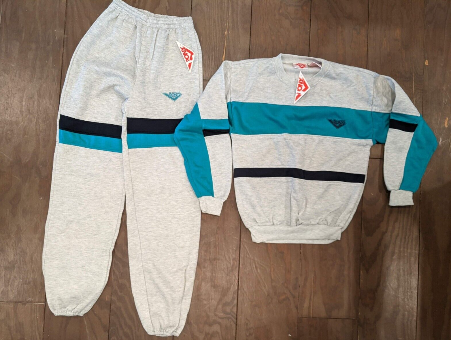 Felpa e felpa a righe grigio teal pony nuova con etichetta piccola anni 90 nuova con etichetta