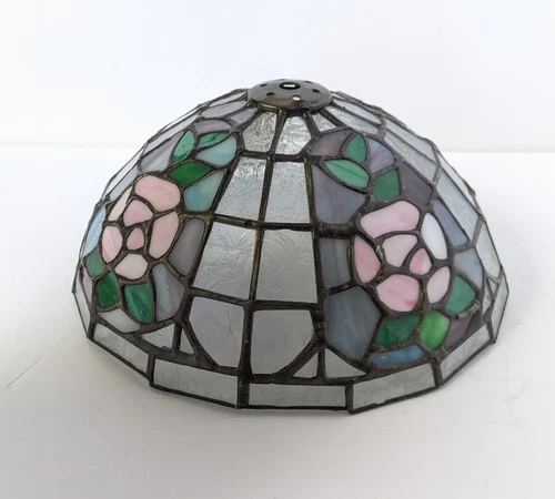 Vintage Handmade Stained Glass Lampshade Tiffany Style with Pink Roses