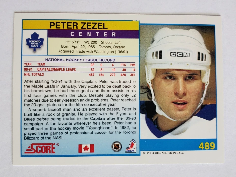 PETER ZEZEL HAND SIGNED AUTOGRAPHED NHL HOCKEY CARD SCORE #489 MAPLE LEAFS - Image 2 of 4