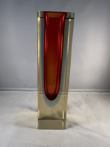 Vintage 1970s Murano 21cm Block Vase - Red, Amber And Blue In Smoked Glass - Picture 2 of 20
