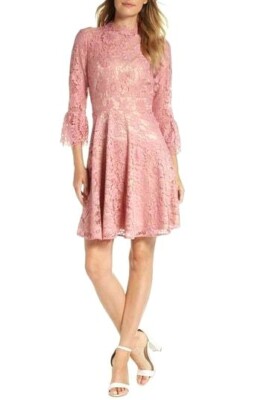 Blush Lace Dress With High Neck Fit And Flare Eliza J Womens Bell