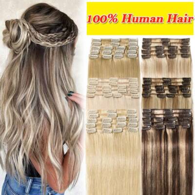 AAAA+ Highlight Weft Clip In Real Remy Human Hair Extensions Full Head 8-24inch