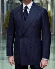 Men Suit Striped Navy Blue Double Breasted Peak Lapel Wedding Custom