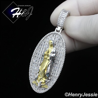 MEN SOLID 925 STERLING SILVER ICY BLING CZ 3D VIRGIN MARY OVAL PENDANT ...