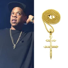 JAY-Z DUSSE DOUBLE CROSS PENDANT 14K GP GOLD CUBAN LINK CHAIN NECKLACE HIPHOP