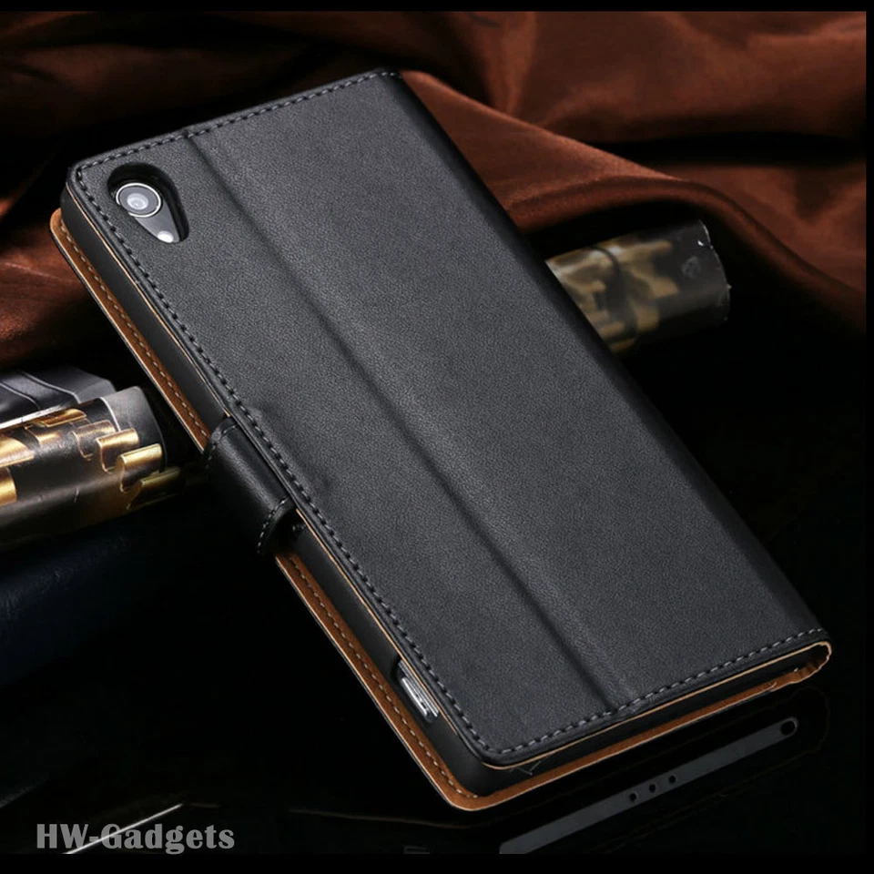 Genuine Real Leather Slim Flip Wallet Case Cover for Sony Xperia Mobile Phones - Image 2 of 4