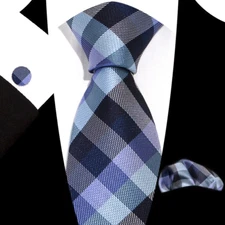 Classic Checks Blue Black Jacquard Silk Men's Tie Necktie Hanky Cufflink Set