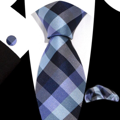 Set Cravatta Uomo In Seta Blu Con Fazzoletto E Gemelli – Fantasia A Quadri Jacquard - Foto 6