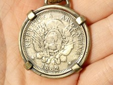 1882 Argentina 50c Coin in 900 Silver Mount on Leather Strap Key Fob