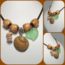 Ocean Shell  Beach Sea Glass Heart Necklace 24" Black Braided Cord