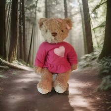 FAO Schwarz Toys R Us 2012 Girl Teddy Bear Pink Dress W/Heart 11" Tall Sitting