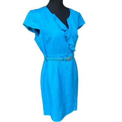 Tahari Women's Blue Cap Sleeve Linen Blend Ruffle Belted Sheath Dress  Petite 12 | eBay