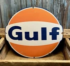 Large 14" Vintage GULF Service Station Oil Gas Pump Plate Porcelain Metal Sign