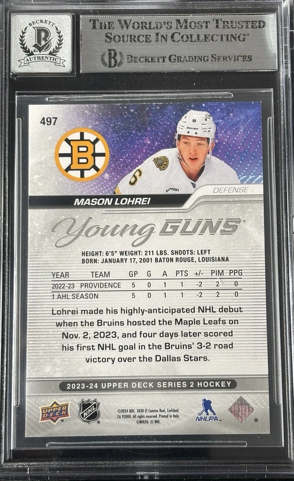 Mason Lohrei Signed 2023 UD #497 Young Guns BAS Autograph Grade 10 Rookie Card - Image 2 of 2