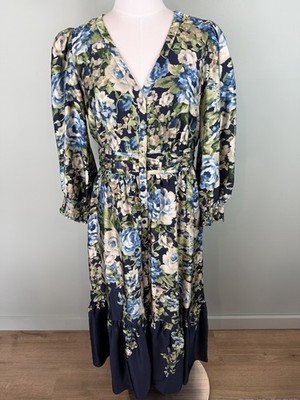 Melanie T Satin Elegant Floral V-Neck Midi Fit & Flare button-up Dress Sz 12 