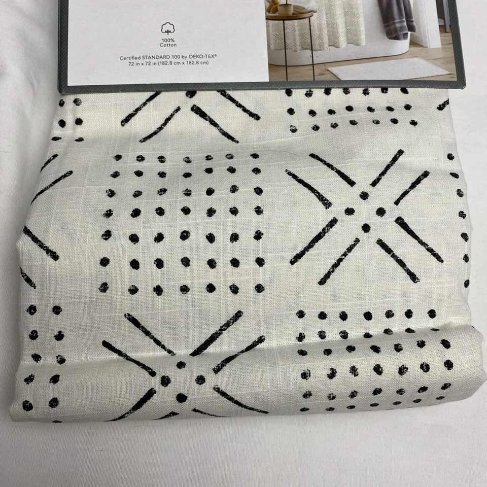 Threshold Shapes Shower Curtain Sour Cream 100% Cotton Buttonhole Dots Lines - Image 3 of 4