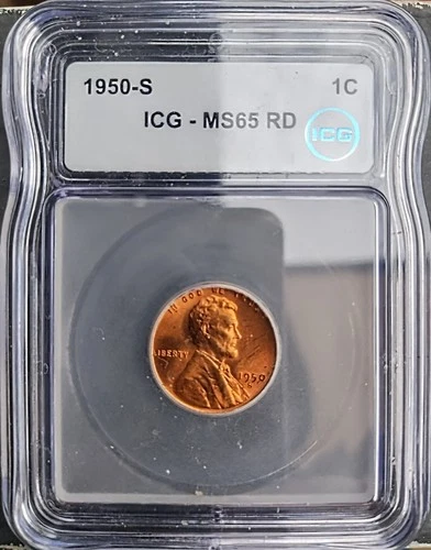 1950-S Lincoln Wheat Cent Penny ICG Rated MS65 RD. Beautiful Coin