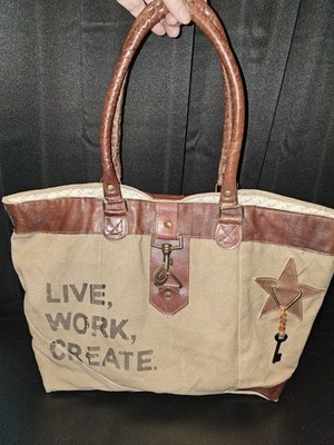 Mona B Large Canvas Tote Bag   Live, Work, Create, Recycled Rustic Statement Bag