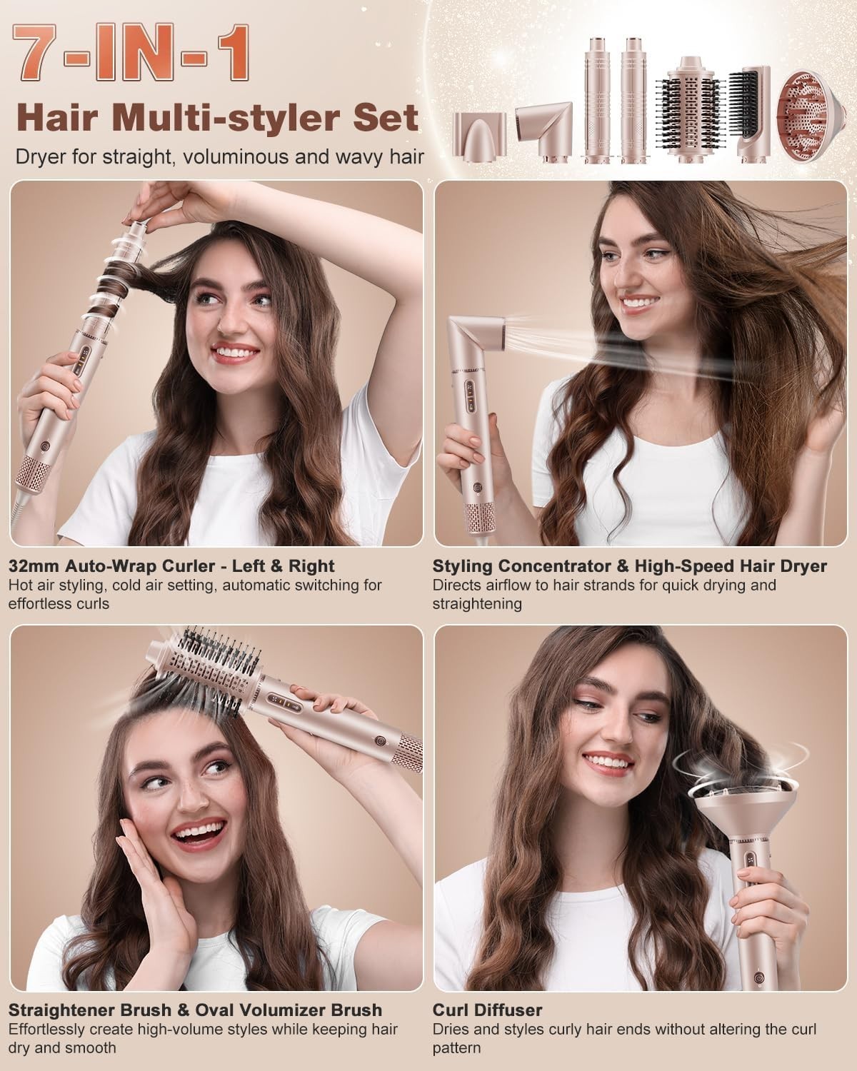 Lightweight 7-in-1 Hair Dryer & Styler - Fast Drying, Curling, and Straightening