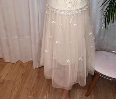   Romantik Tüll Schleifen Party Hochzeit Rock beige Maxi Taille 42 XL 44 2XL 46