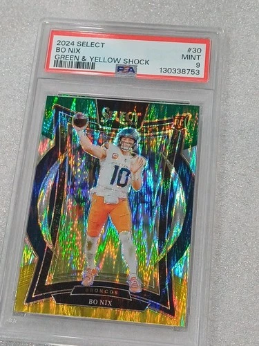 2024 Panini Select - Bo Nix #30 Green & Yellow Shock Prizm (RC) PSA 9 Broncos QB