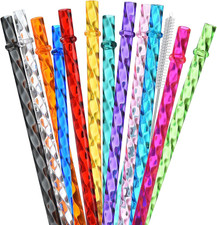 12-Pack Reusable Plastic Clear Swirl Straws, 13" Extra Long Colorful Hard Plasti