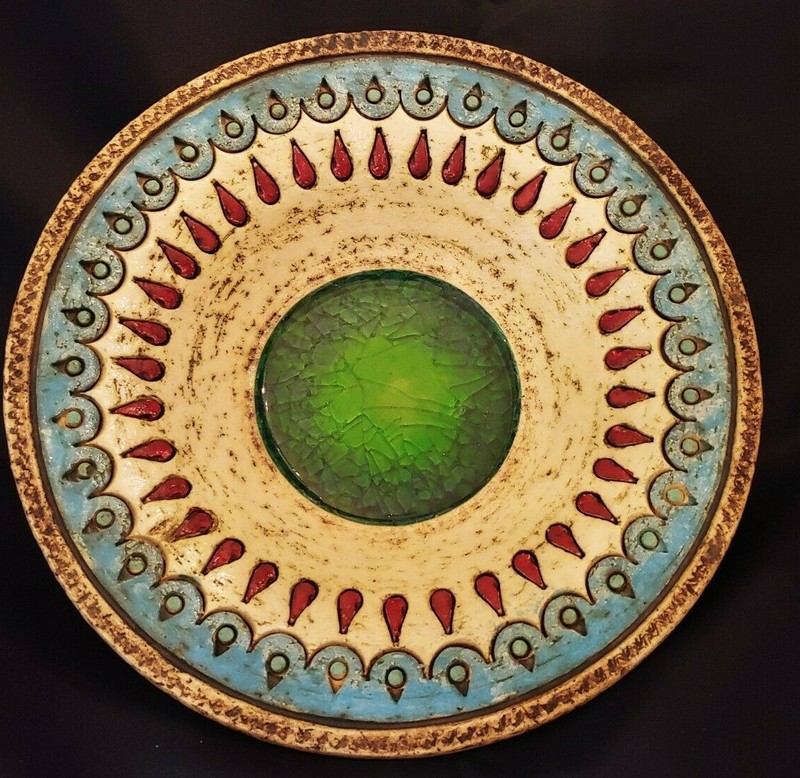 Studio Pottery Bowl w/ Inlaid Design and Fused Glass under Clear Glass Bottom