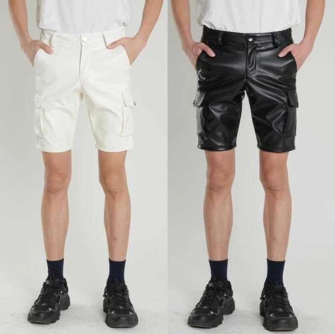 Pantalones cortos de verano de cuero sintético para hombre Pantalones cortos elásticos de bolsillo Pantalones finos de PU Regalo Foto 3 de 4