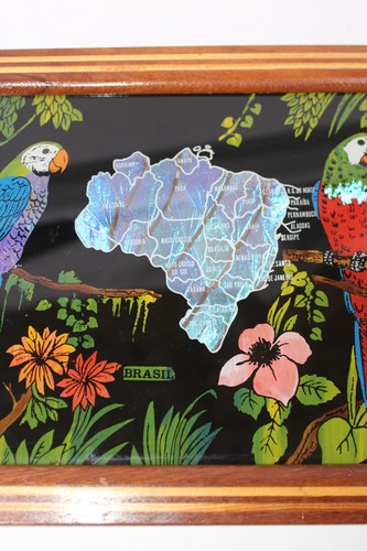 Brasil Parrots Lacquered Decor Butterfly Wings Inlay Iridescent VTG Wooden Tray - Picture 7 of 10
