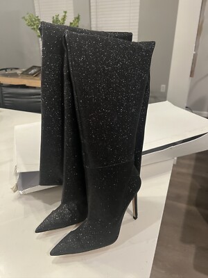 Good American The Weekend Black Glitter Slouchy Over the Knee Stiletto Boots 7.5