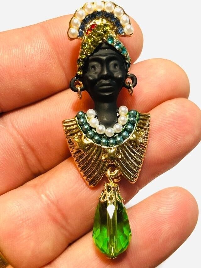 BLACKAMOOR BROOCH Gold Tone Green Crystal Faux Pearls Queen of Sheba  Cleopatra