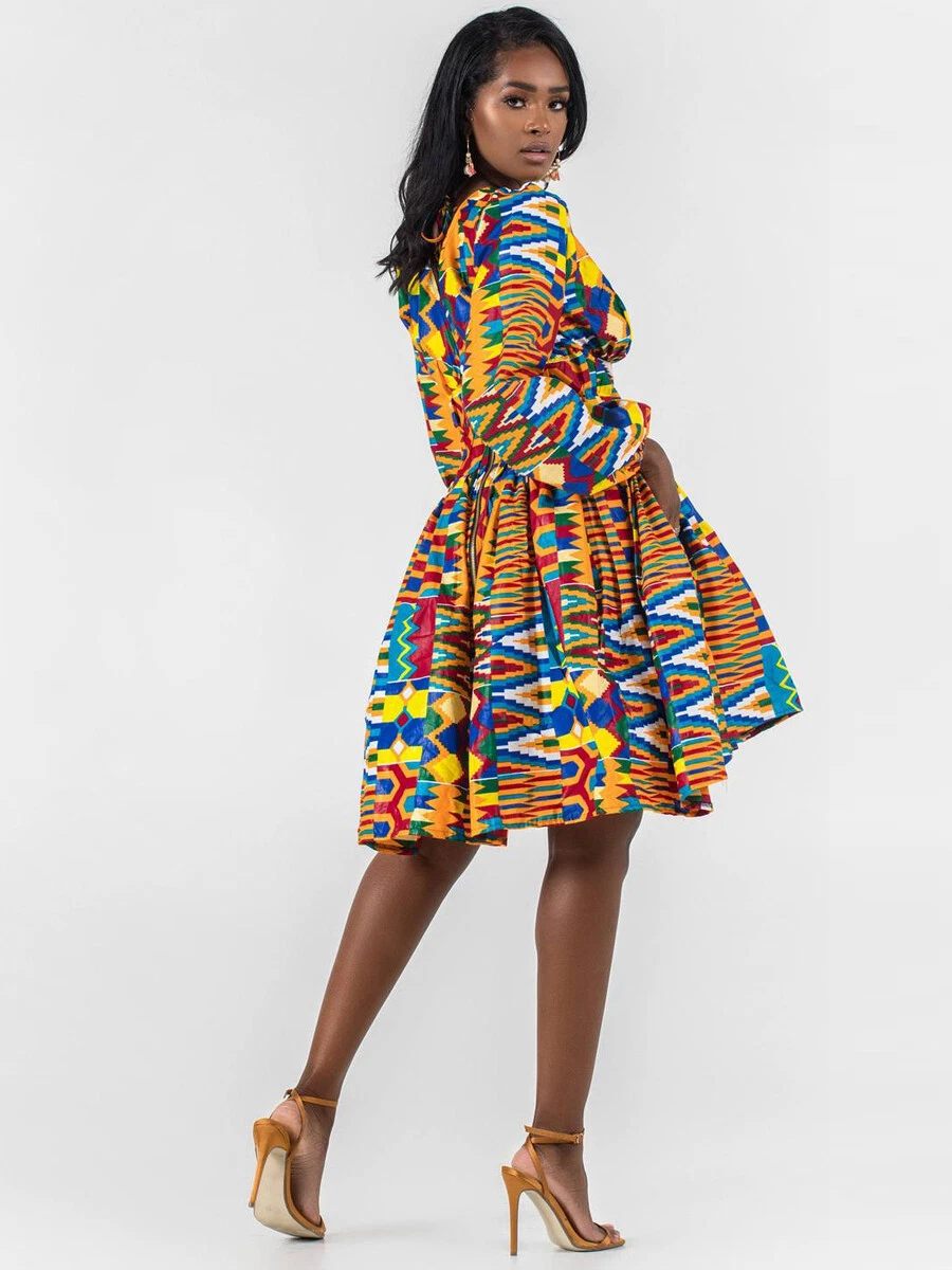 Women Ankara African Mini Midi Dress Nigerian Kente print Dashiki