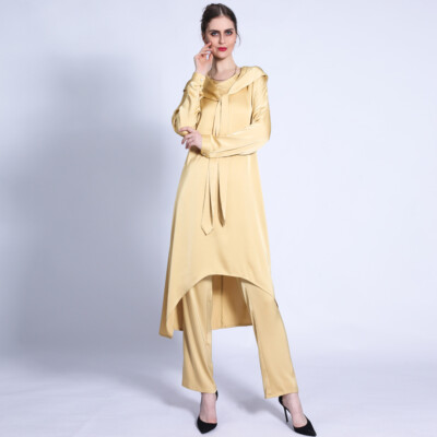 2Pcs Sets Muslim Women Satin Blouse Top Wide Leg Pants Abaya Dubai Kaftan Hooded
